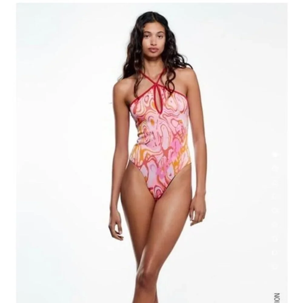 NWT Zara pink orange red retro swirl printed jacquard keyhole halter bodysuit Sm - Picture 1 of 6